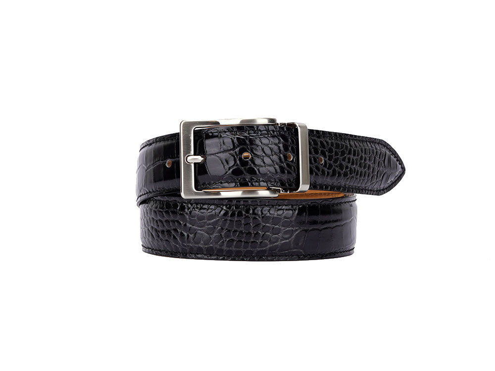 Leather Belt - Crocodile Pattern Black