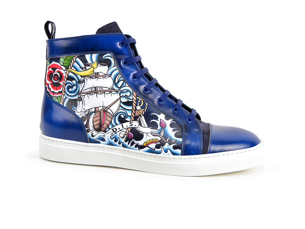 hand painted hi top leather sneakers water pattern