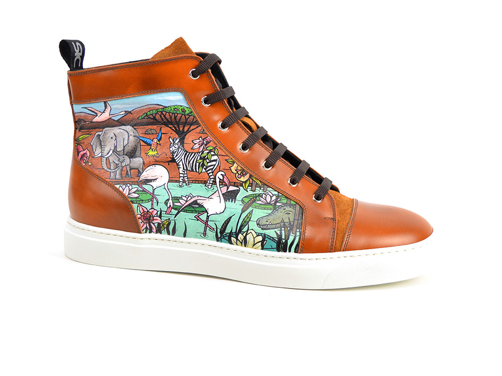 hand painted hi top leather sneakers earth pattern