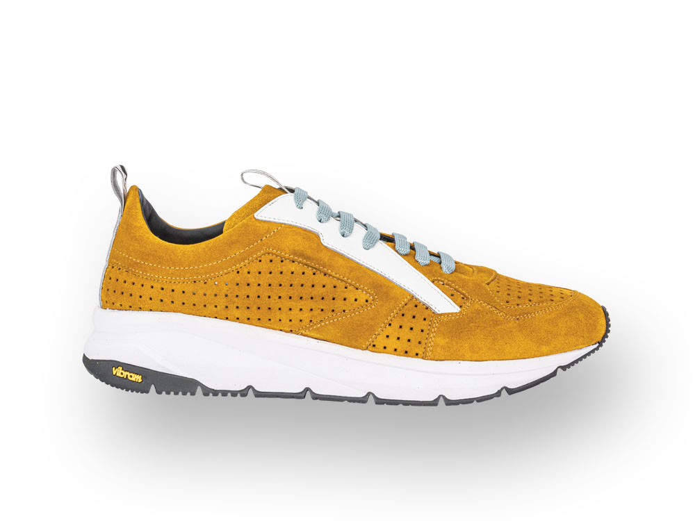 running suede perforated yellow and vibram sole