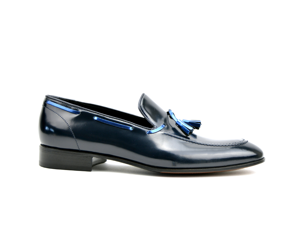 shiny blue tassel loafer