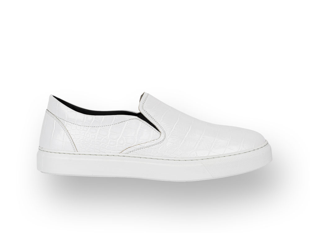 crocodile pattern leather white slip on sneakers