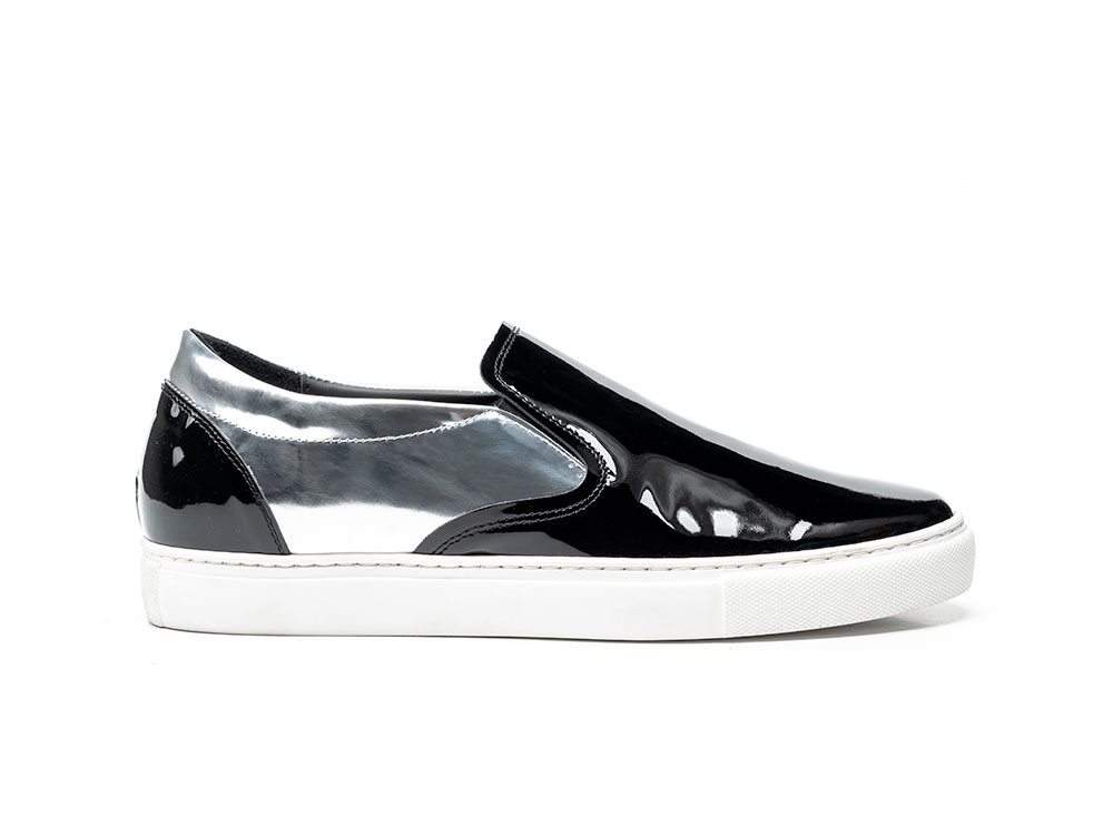 shiny laminated silver black slip on sneakers